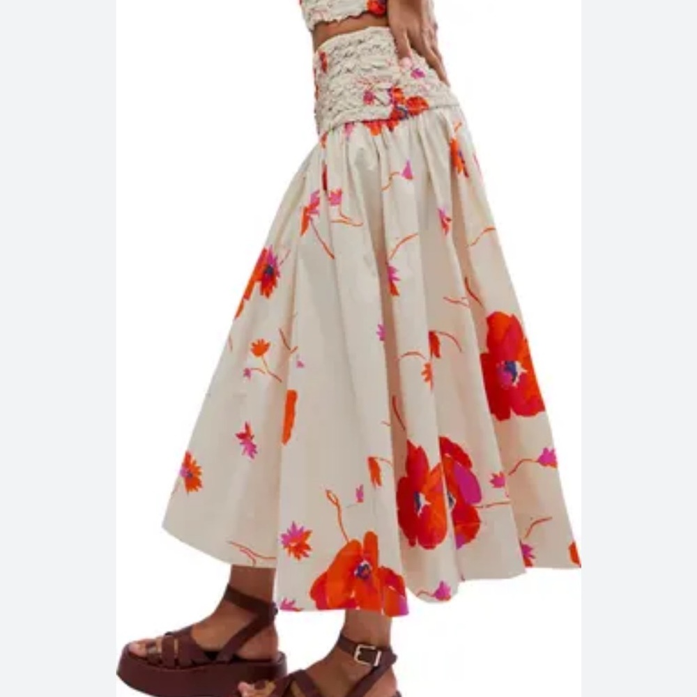 Free People Cream A-Line Skirt with Red Floral Design